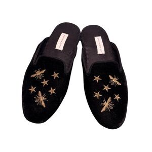 Patricia Green Black Velvet Loafers with Gold Embroidery